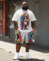 Men's Plus Size Street Fashion Colorful Graffiti Skull Print T-Shirt Shorts Suit